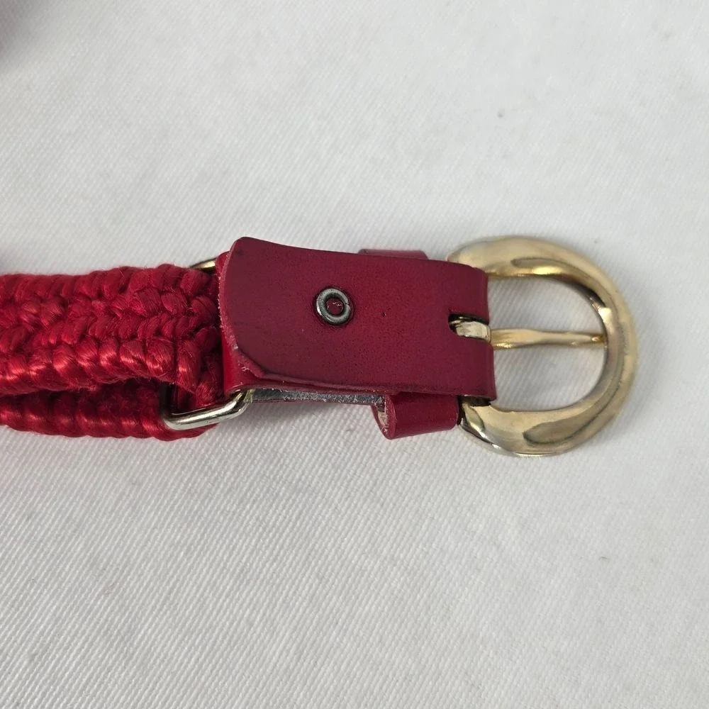 Vintage Red Woven Braided Skinny Belt Gold Horseshoe Buckle Adjustable Cinch‎